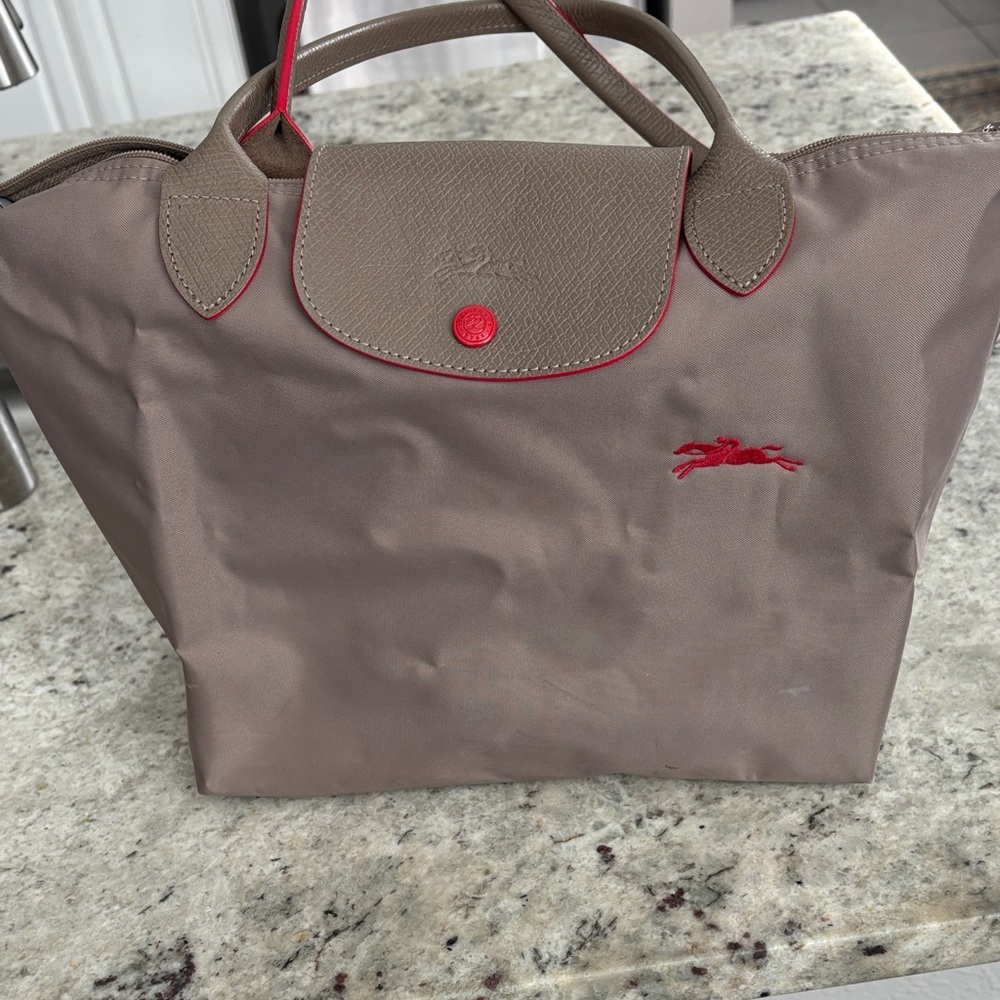 Longchamp LePliage Dark Khaki Tote with Red Accents